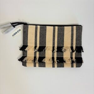 Old Navy Striped Fringe Cloth Faux Leather Clutch Black Cream